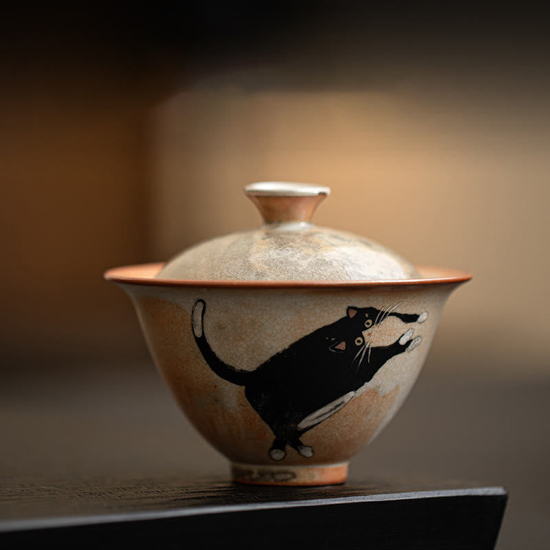 Ceramic Cat Gaiwan Tea Cup with Lid 130ml for Tea Rituals
