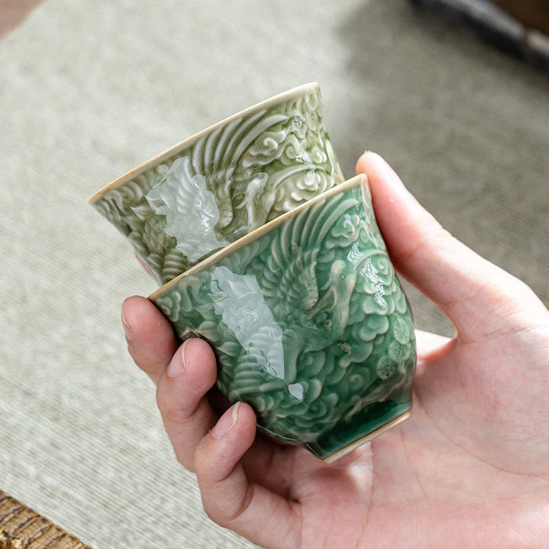 Ceramic Crane Pine Teacup 80ml | Zen Decor Cup