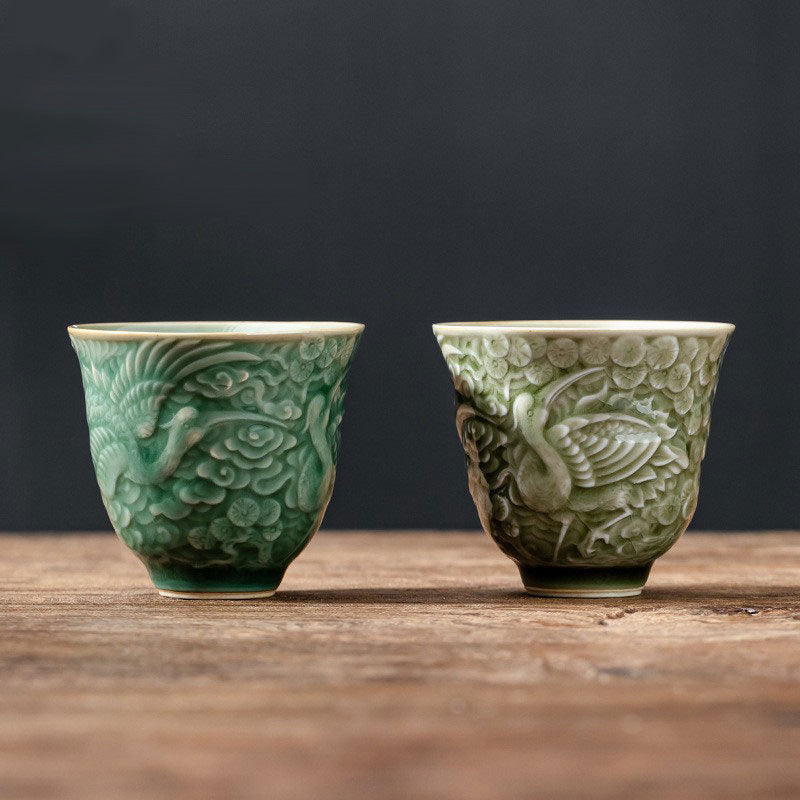 Ceramic Crane Pine Teacup 80ml | Zen Decor Cup