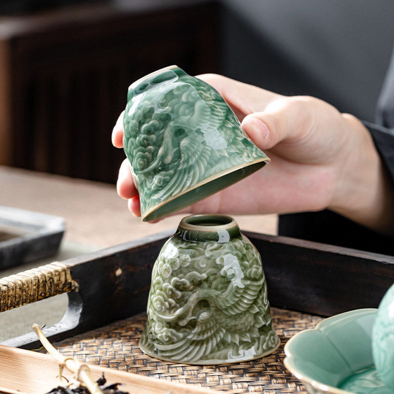 Ceramic Crane Pine Teacup 80ml | Zen Decor Cup