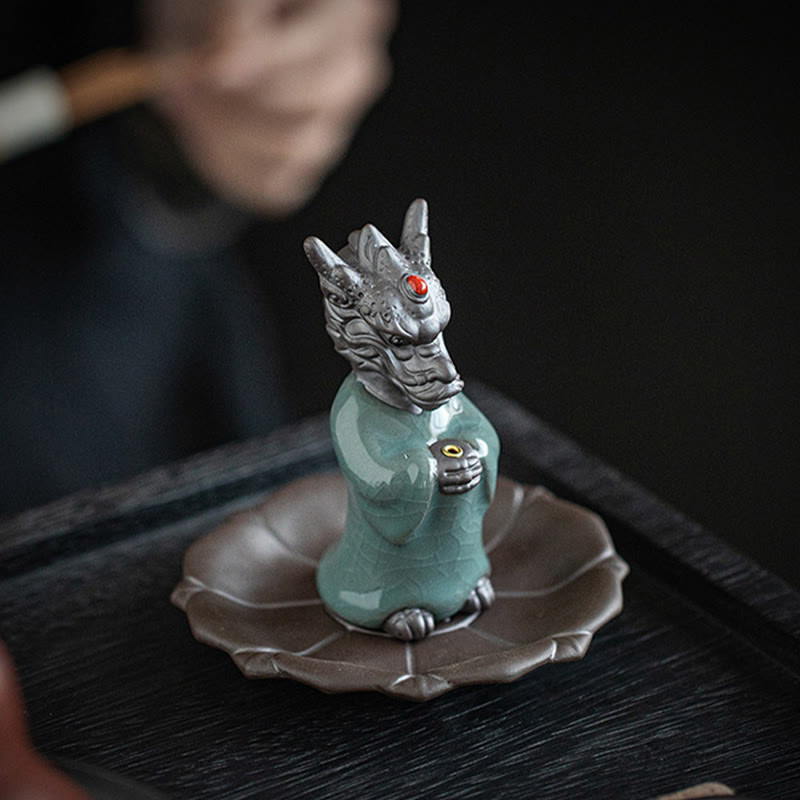Ceramic Dragon Incense Burner with Lotus Base and Fu Symbol