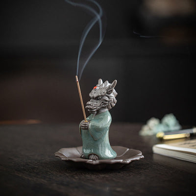 Ceramic Dragon Incense Burner with Lotus Base and Fu Symbol