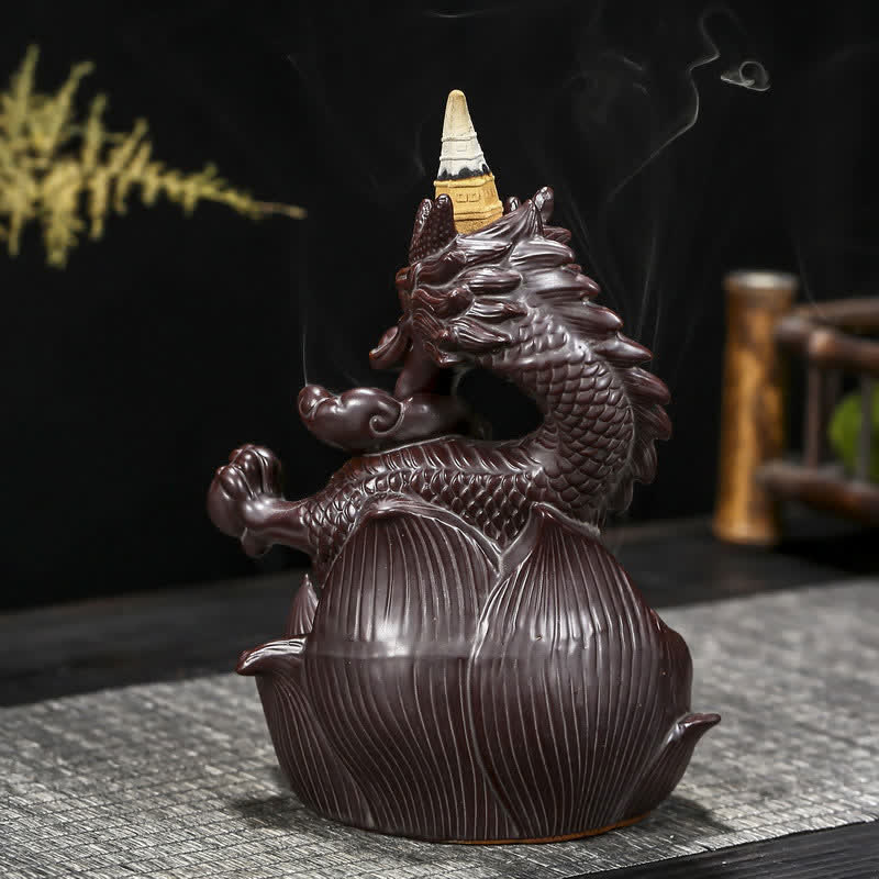 Ceramic Dragon Lotus Incense Burner for Strength & Protection