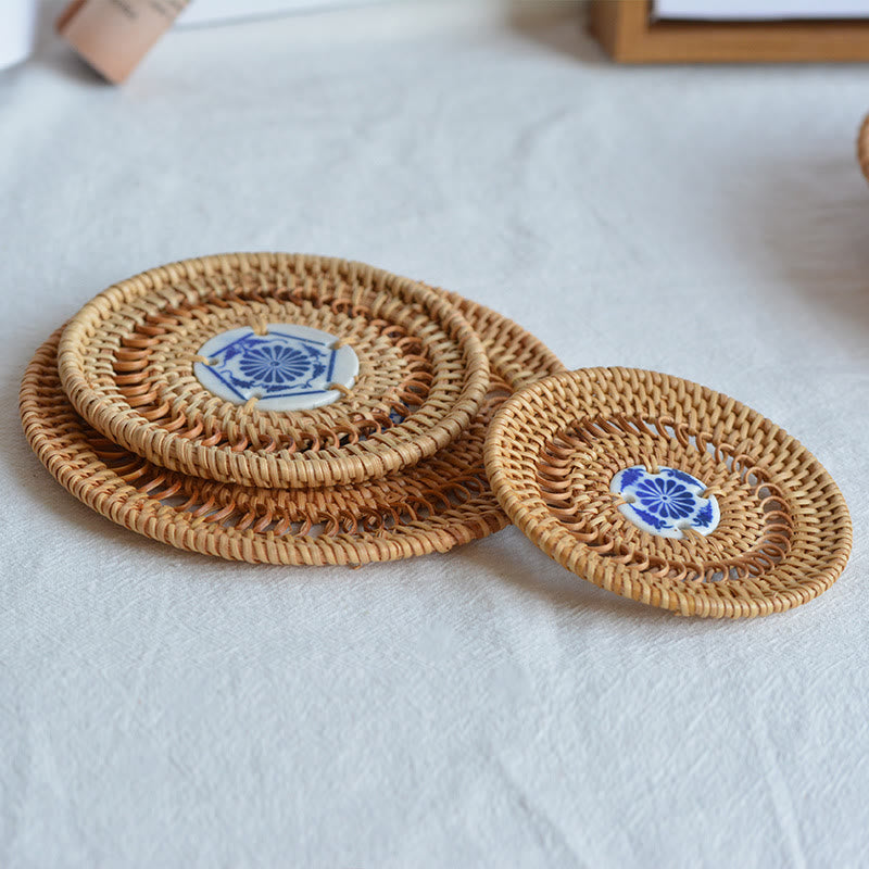 Ceramic Flower Pattern Rattan Cup Mat | 10cm Coaster
