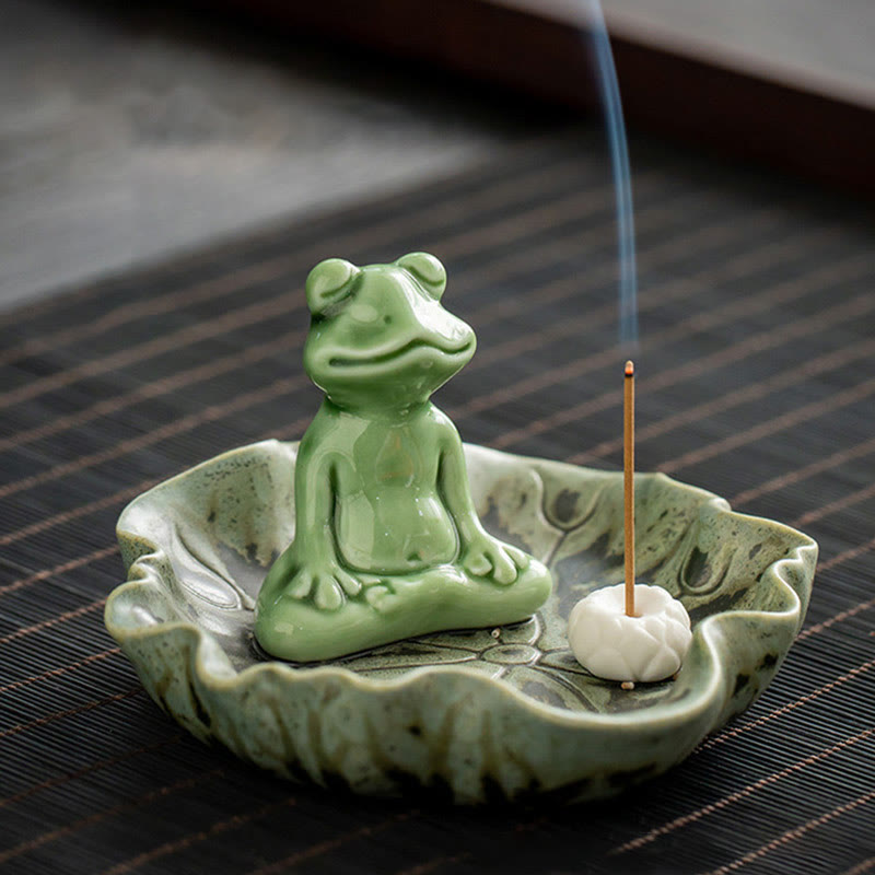 Ceramic Incense Burner | Lotus Leaf Meditation Frog 11cm