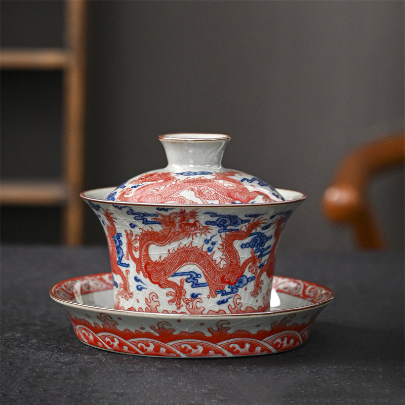 Ceramic Jingdezhen Dragon Phoenix Gaiwan Tea Cup 170ml
