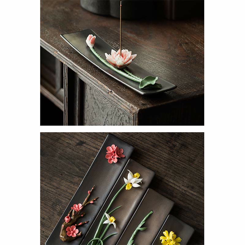 Ceramic Lotus Peony Rose Incense Burner 26cm Spiritual