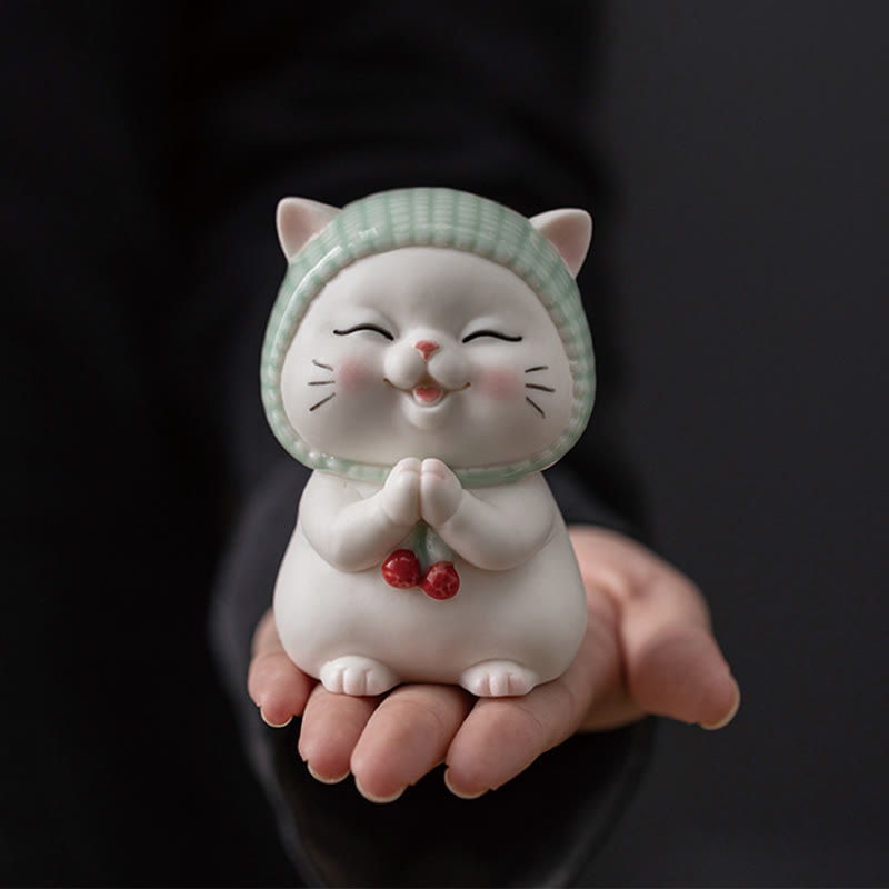 Ceramic Lucky Cat Figurine 6" Zen Decor for Positive Energy