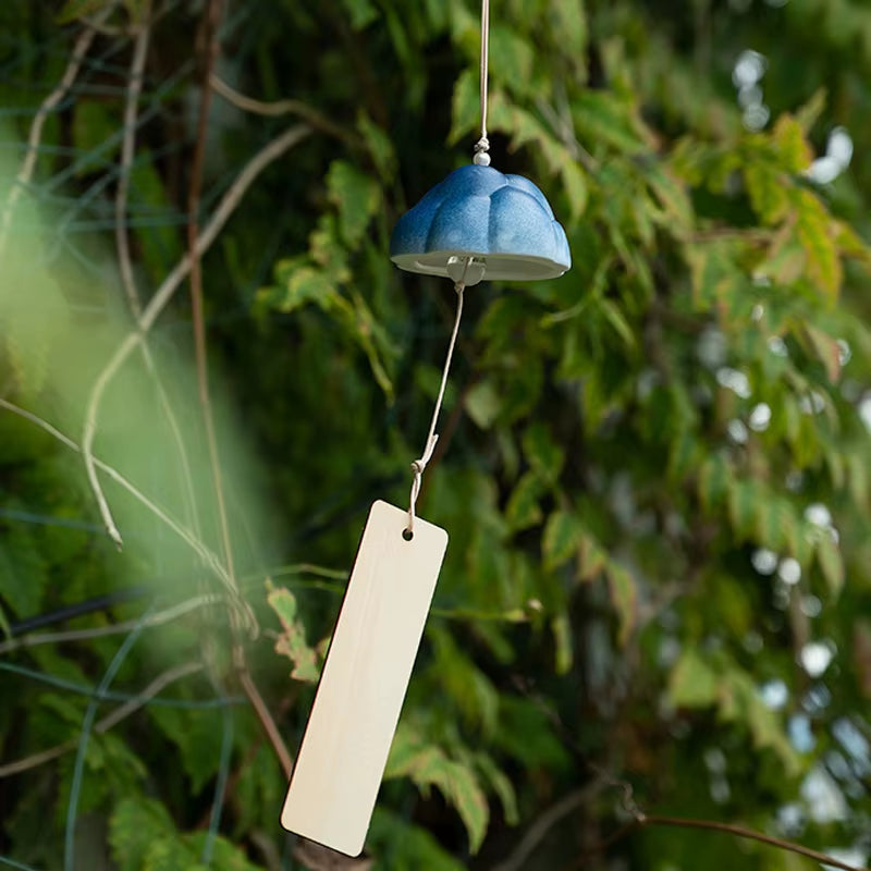 Blue ceramic wind chime with tag, perfect for Ceramic Mountain Wind Chime Ornament