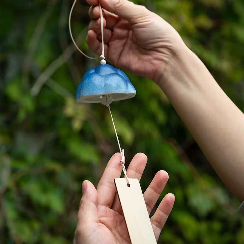 Blue Ceramic Mountain Wind Chime Ornament with Wooden Pendant for Home Decor