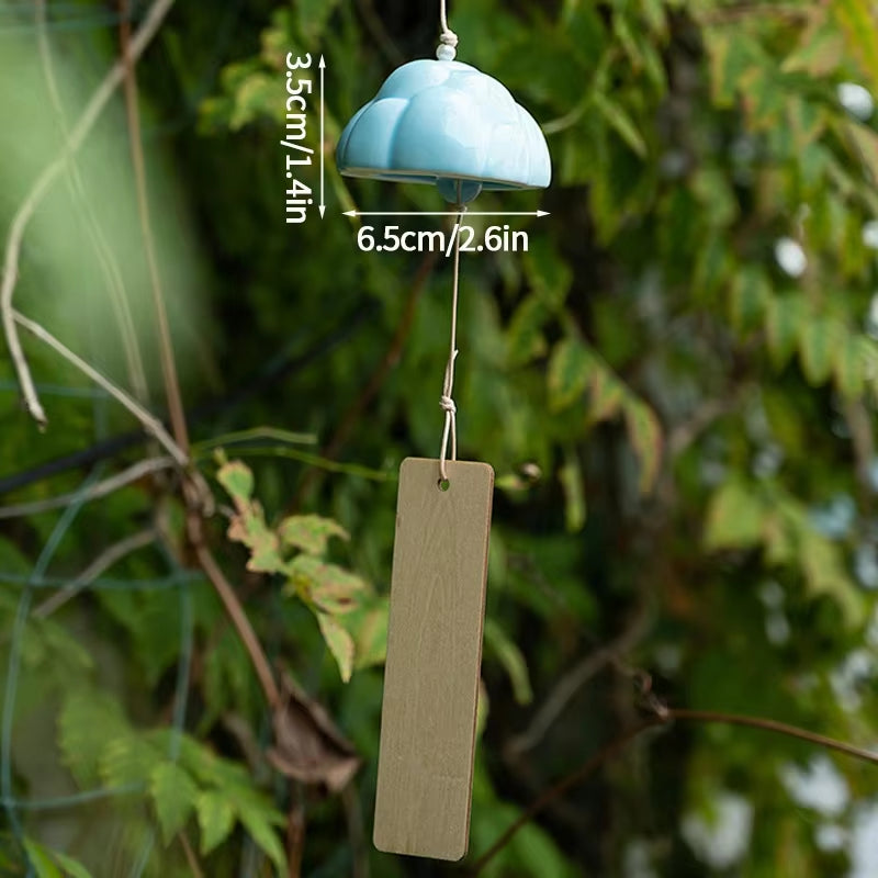 Light blue ceramic wind chime with rectangular pendant for home decor