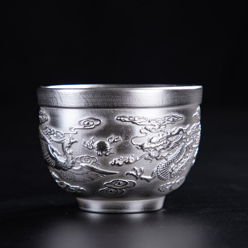 Ceramic Tea Cup with Dragon Phoenix & Fu Character Art - Zen Decor