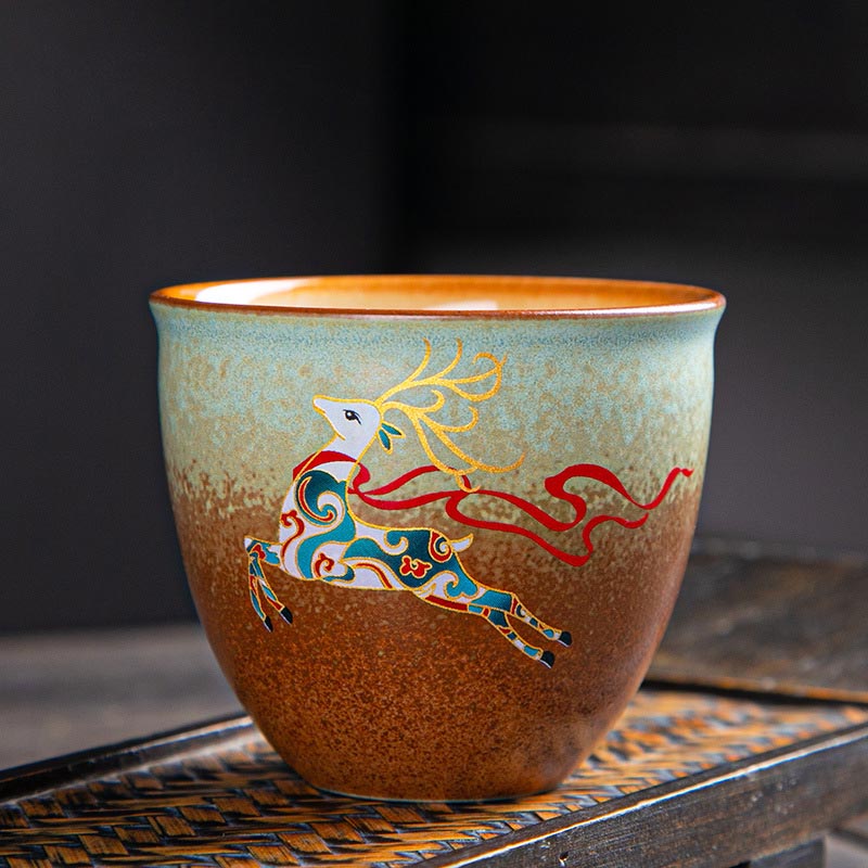 Ceramic Zen Teacup with Deer & Mountain Designs 150ml