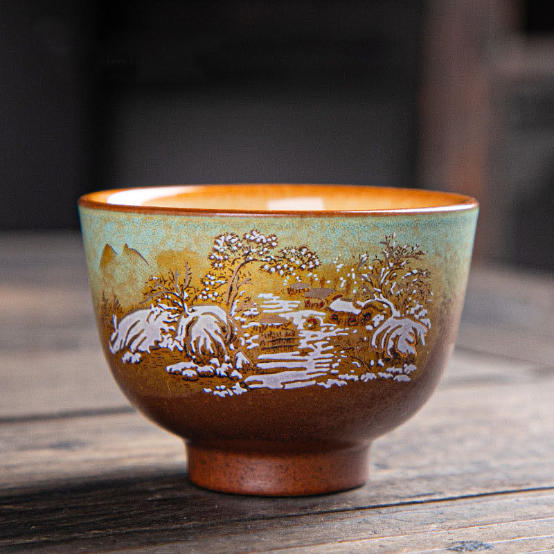 Ceramic Zen Teacup with Deer & Mountain Designs 150ml