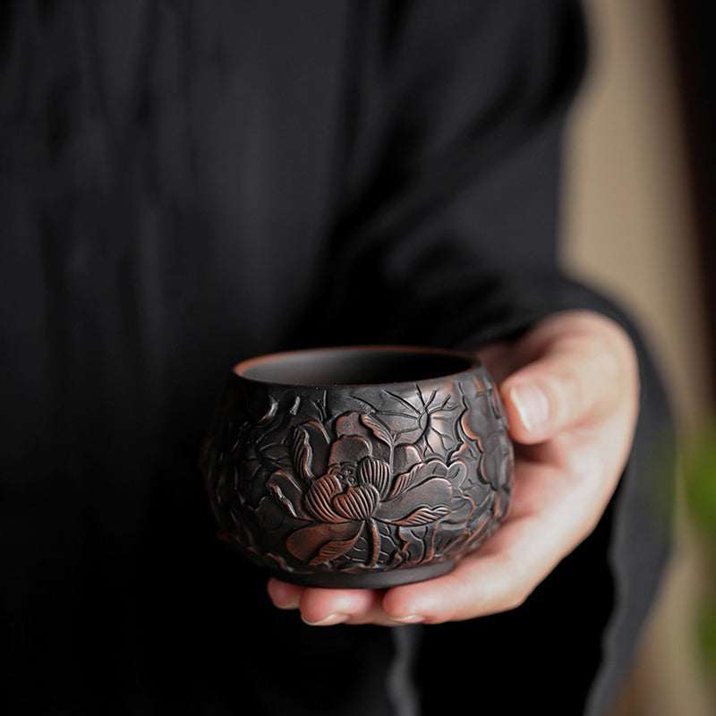 Ceramic Zen Teacup with Lotus & Dragon Design - 130ml Bowl