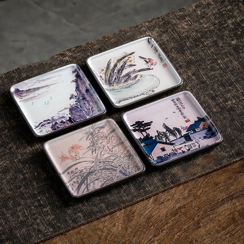Ceramic Incense Burner Tray with Mountain Lake Flower Leaf Design