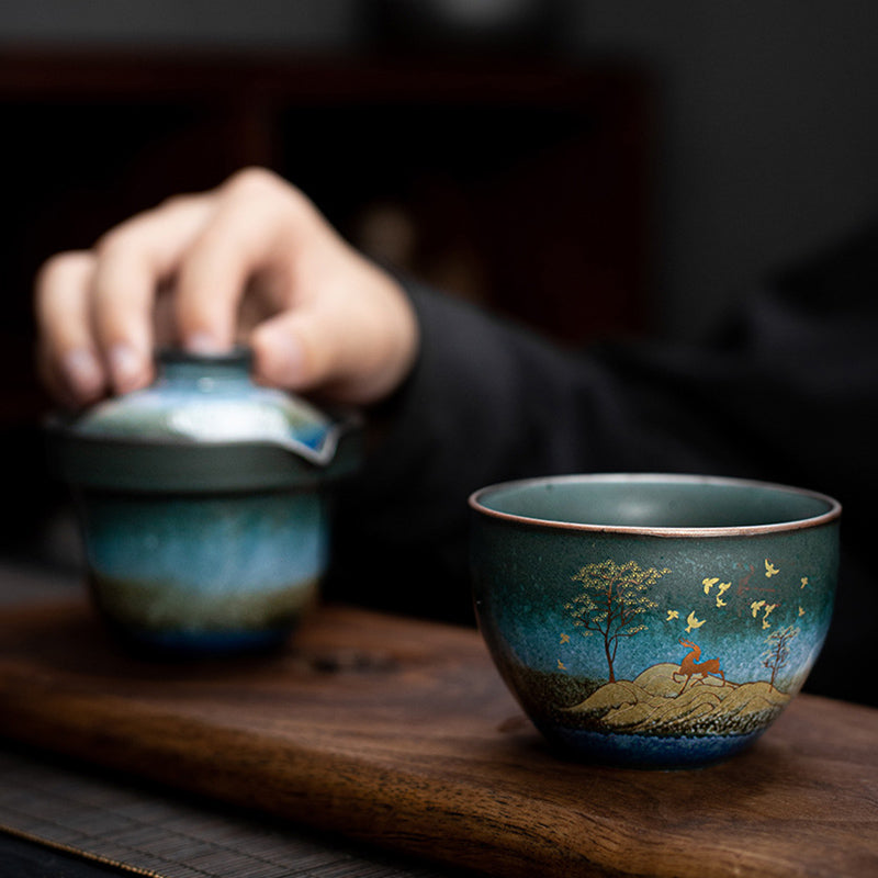 Ceramic Tea Cup with Deer and Cat Design for Spiritual Serenity