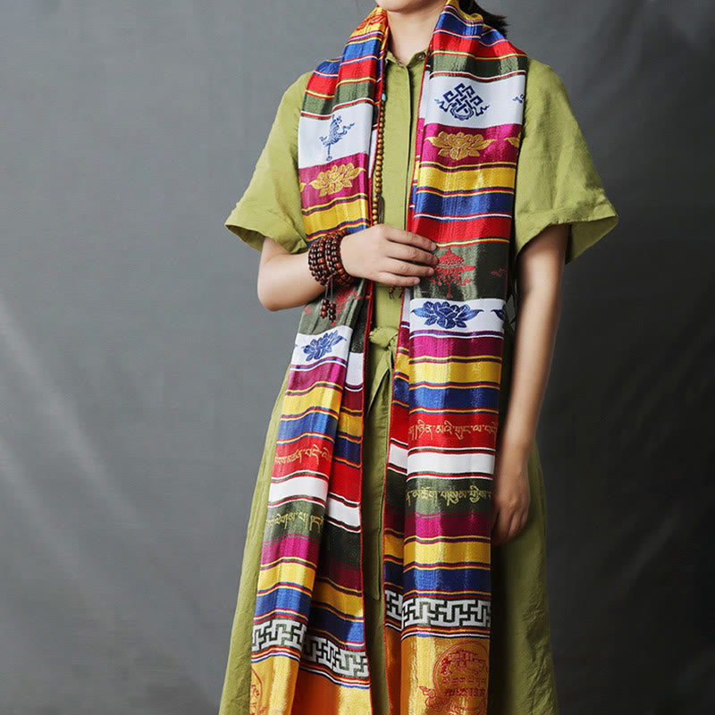 Multicolored Tibetan Khata Scarf 260x55cm Lotus Mantra Decoration