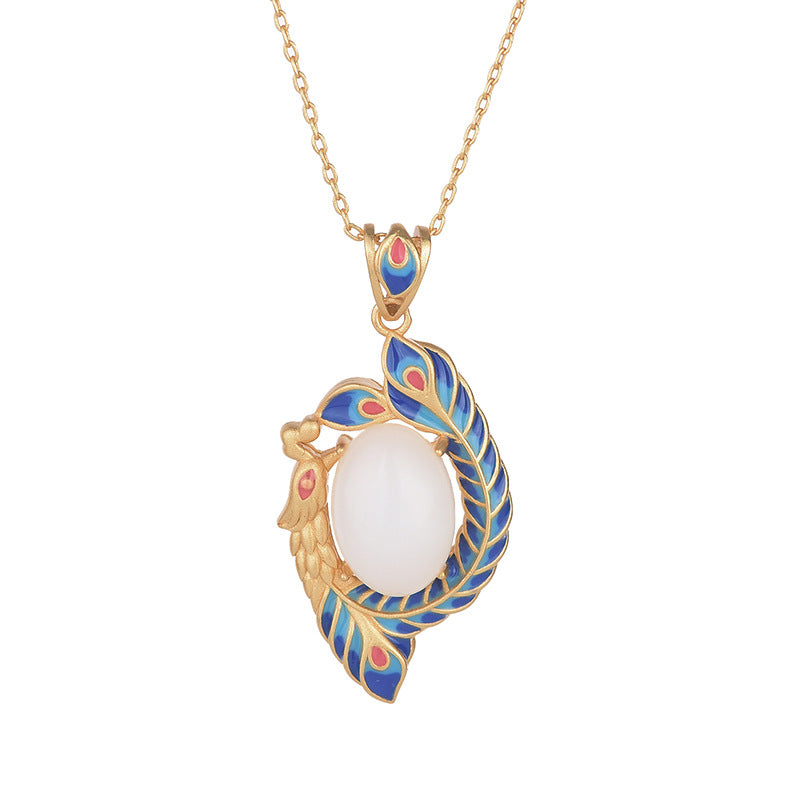 White Jade Peacock Blessing Necklace for Protection & Luck
