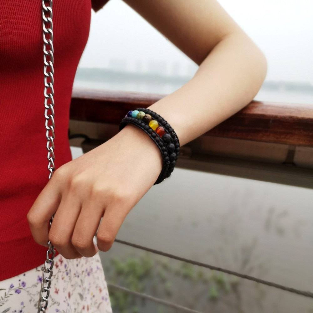 7 Chakra Gemstone Aromatherapy Bracelet with Lava Stones