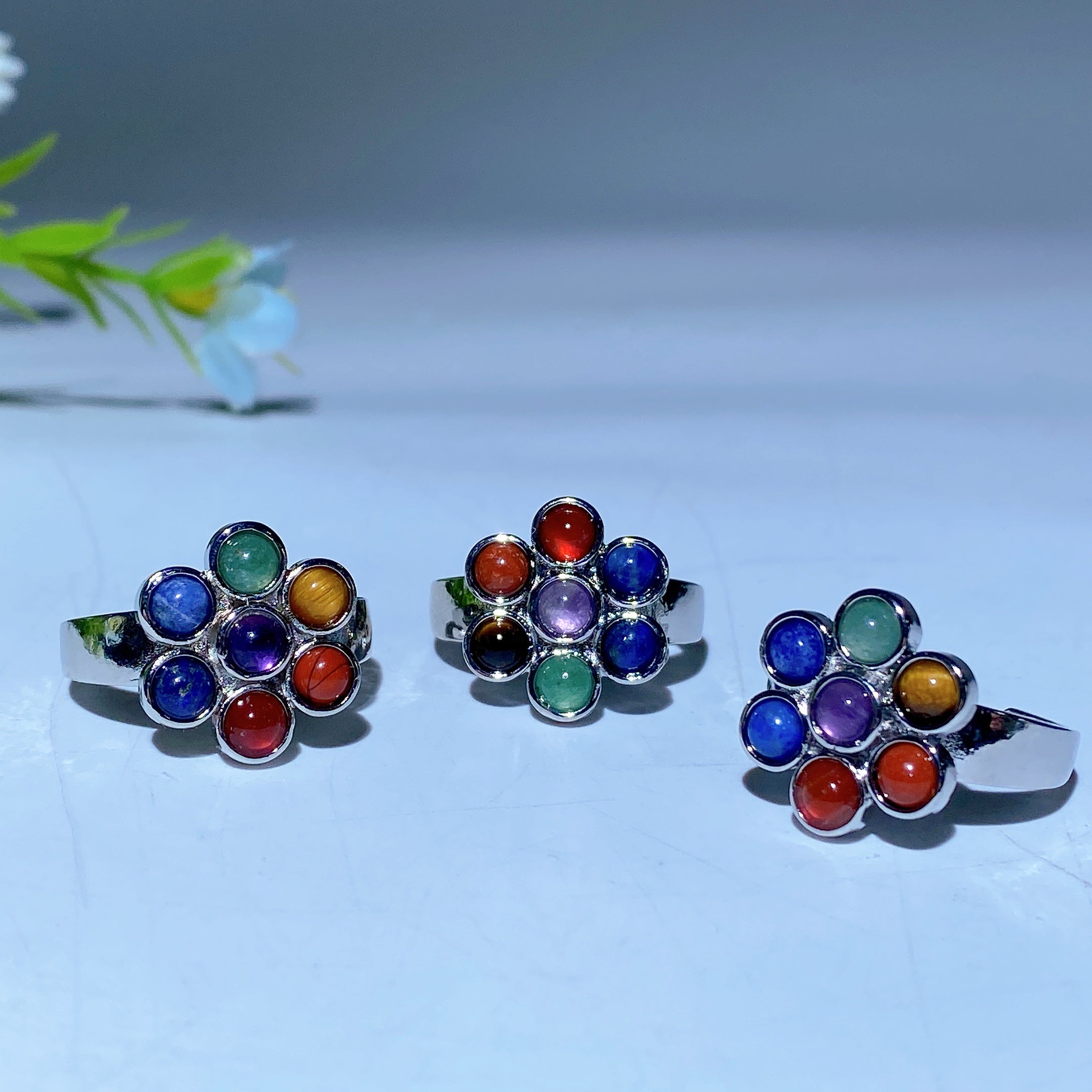 Chakra Crystal Flower Ring Silver 24mm Healing