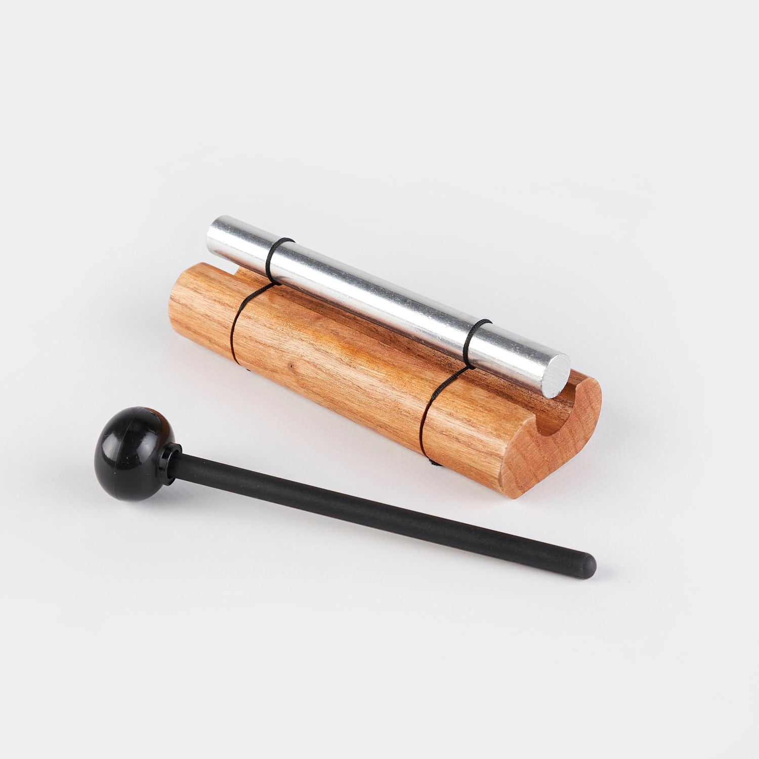 Wooden percussion block with metal chime and black striker mallet for Chakra Energy Bar Chime