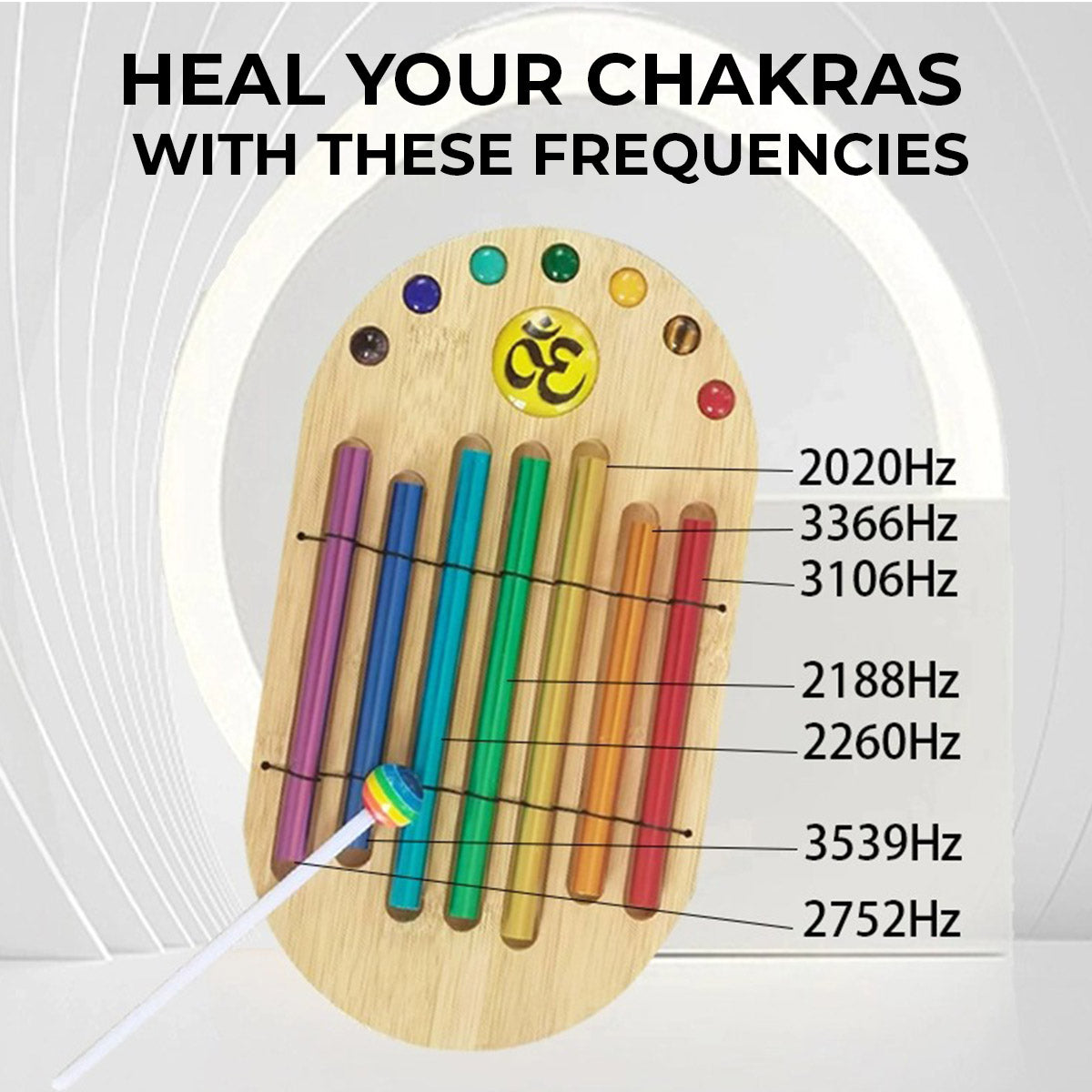 Wooden board with chakra frequencies and Hz measurements for Chakra Energy Chimes Set