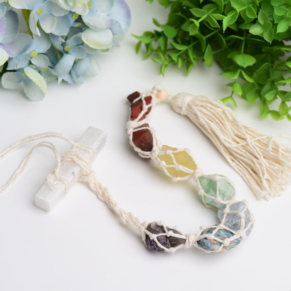 Chakra Raw Stone Hanging with Selenite Stick for Spiritual Balance