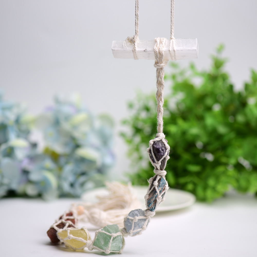 Chakra Raw Stone Hanging with Selenite Stick for Spiritual Balance