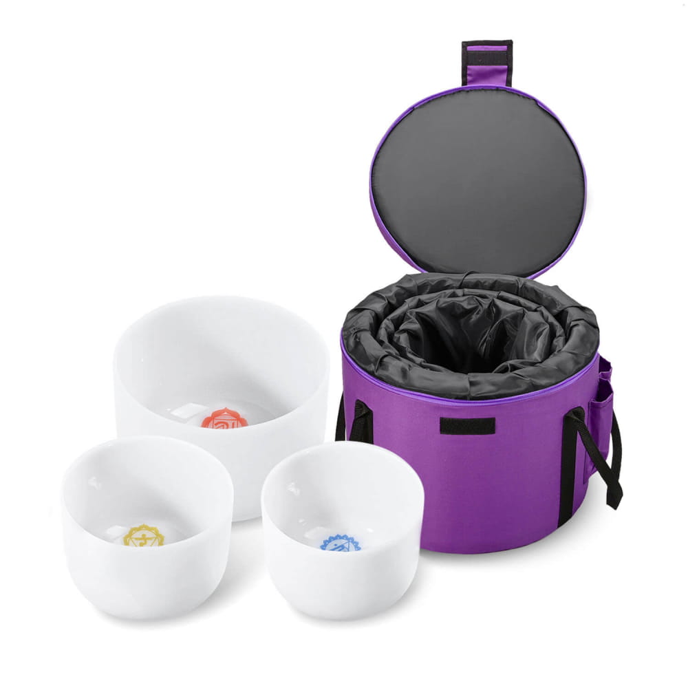 Purple insulated carrier bag containing three white ceramic bowls for Chakra Symbol set