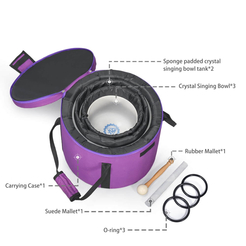 Purple carrying case with Chakra Symbol Crystal Singing Bowl, mallets, and O-rings