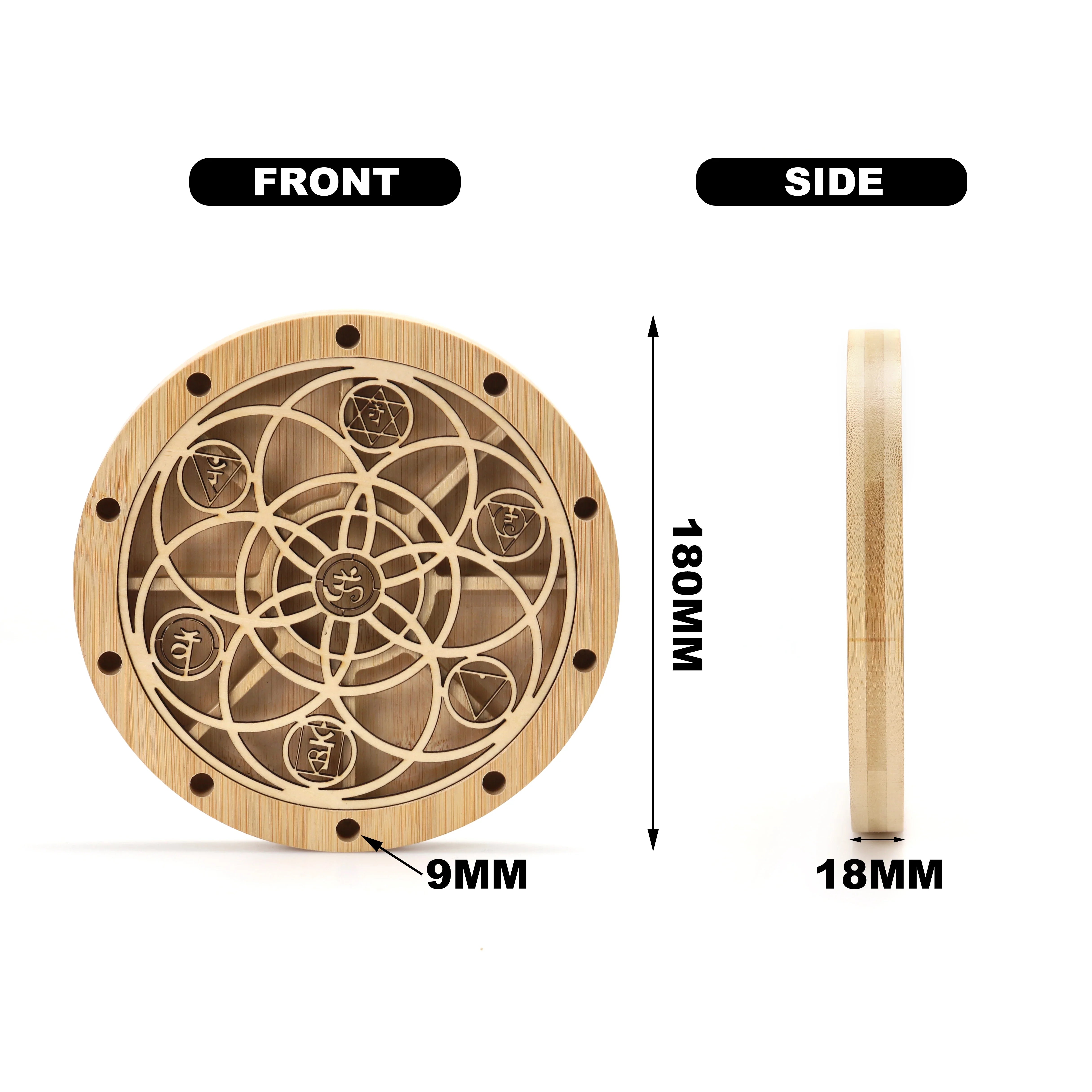 Circular wooden disc with geometric engraving for Chakra Tuning Fork Holder Stand