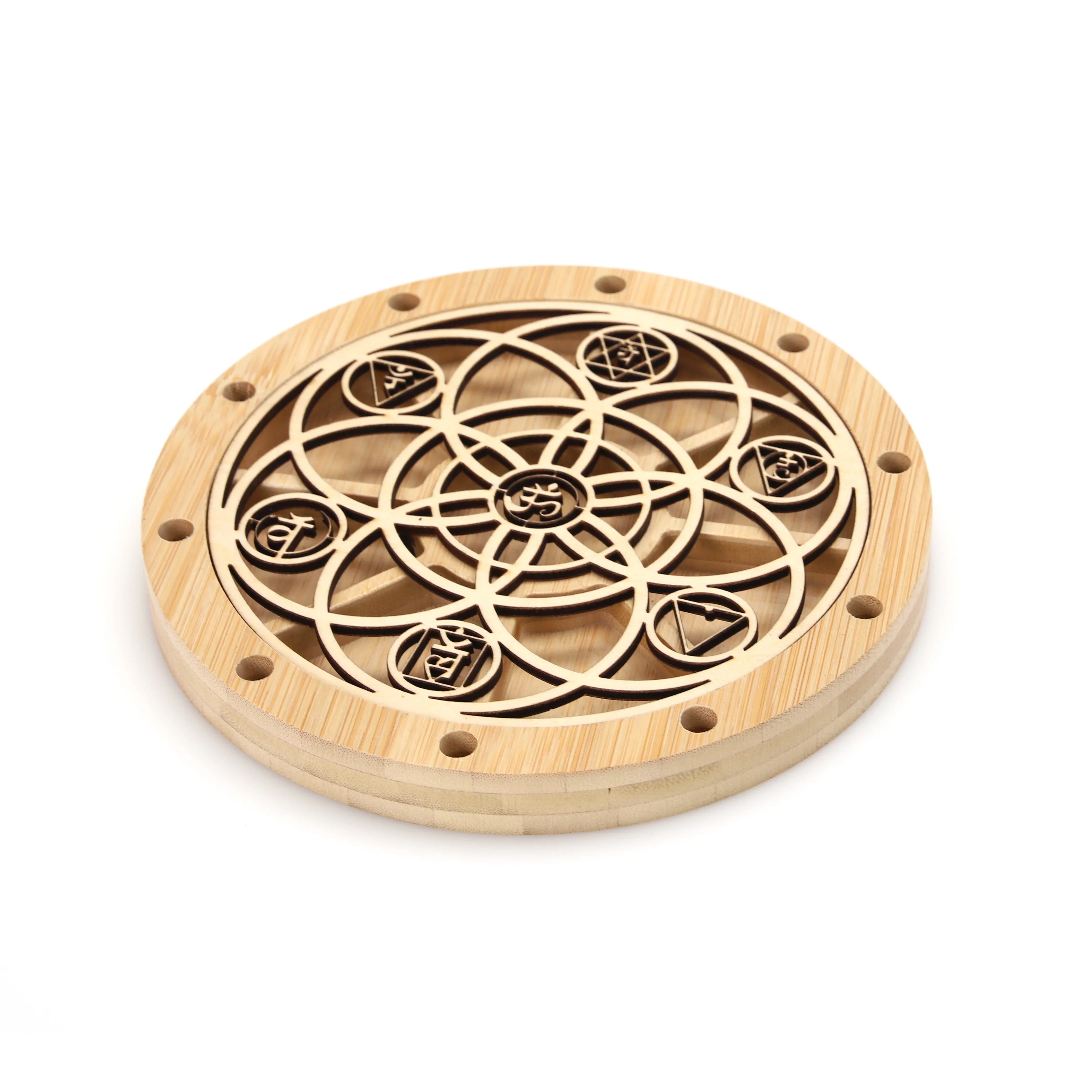 Circular wooden plaque with intricate geometric rings for Chakra Tuning Fork Holder Stand