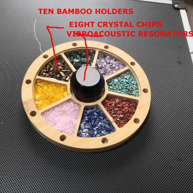 Wooden circular holder with colorful crystal chips and bamboo holders for Chakra Tuning Forks