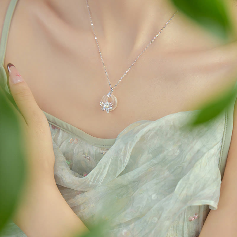 Chalcedony Lotus Necklace in 999 Sterling Silver for Peace & Harmony