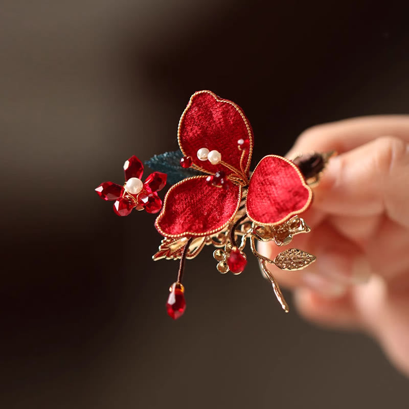 Red Flower Chinese Hairpin with Butterfly Tassel