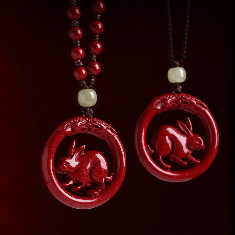 Chinese Zodiac Hetian Jade Cinnabar Peace Necklace