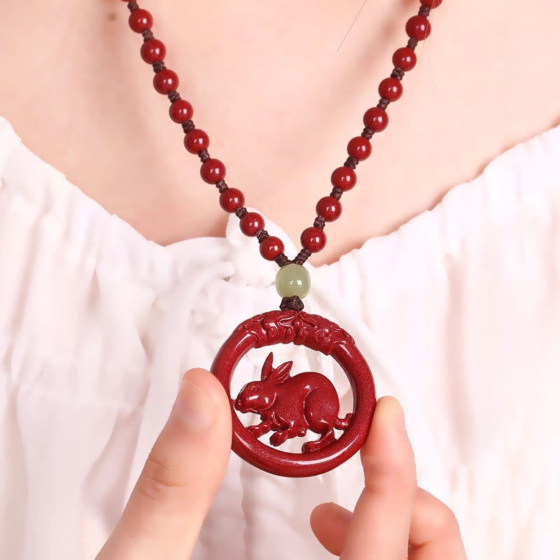 Chinese Zodiac Hetian Jade Cinnabar Peace Necklace
