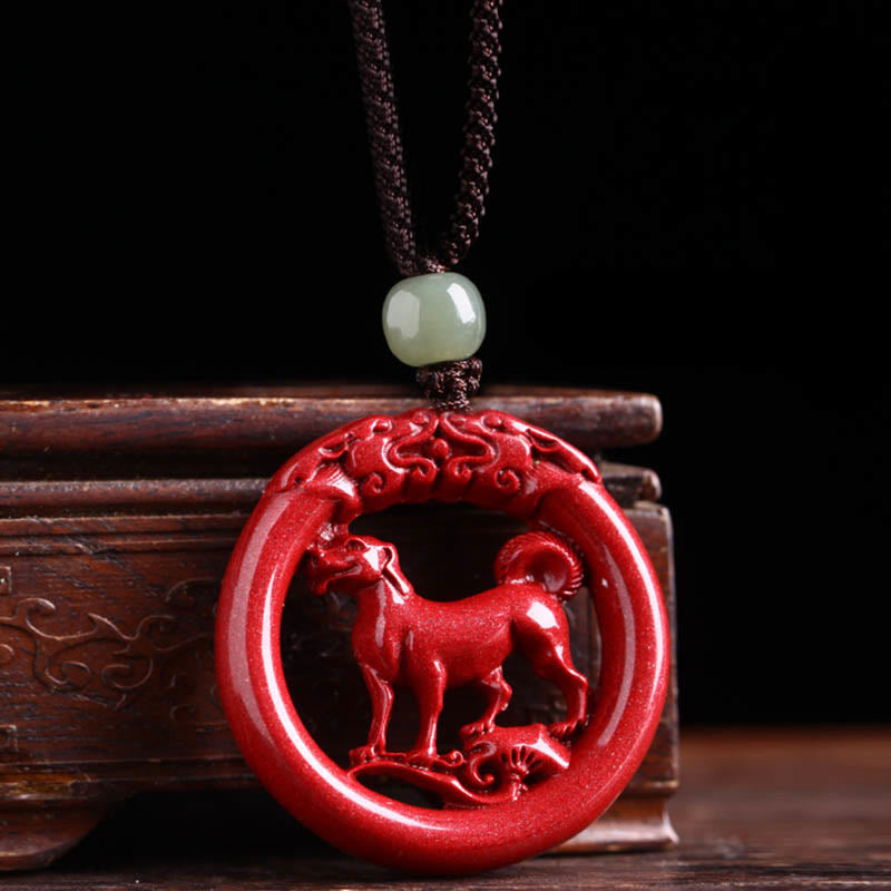 Chinese Zodiac Hetian Jade Cinnabar Peace Necklace