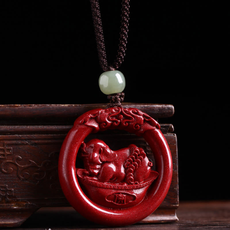 Chinese Zodiac Hetian Jade Cinnabar Peace Necklace