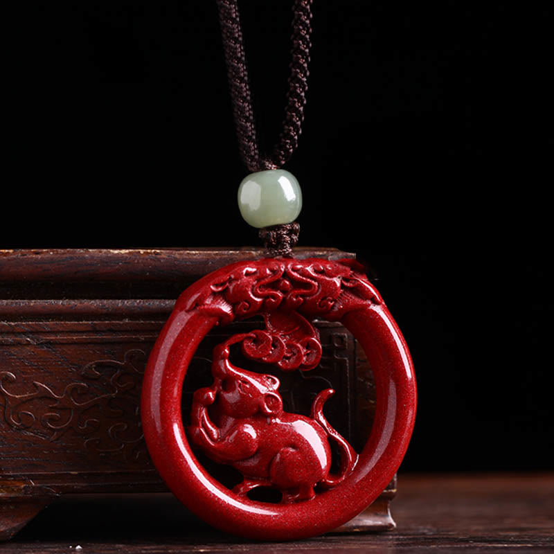 Chinese Zodiac Hetian Jade Cinnabar Peace Necklace