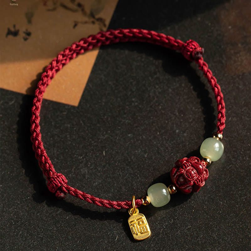 Chinese Zodiac Jade Fu Luck Rope Bracelet