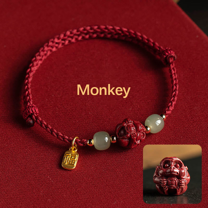 Chinese Zodiac Jade Fu Luck Rope Bracelet