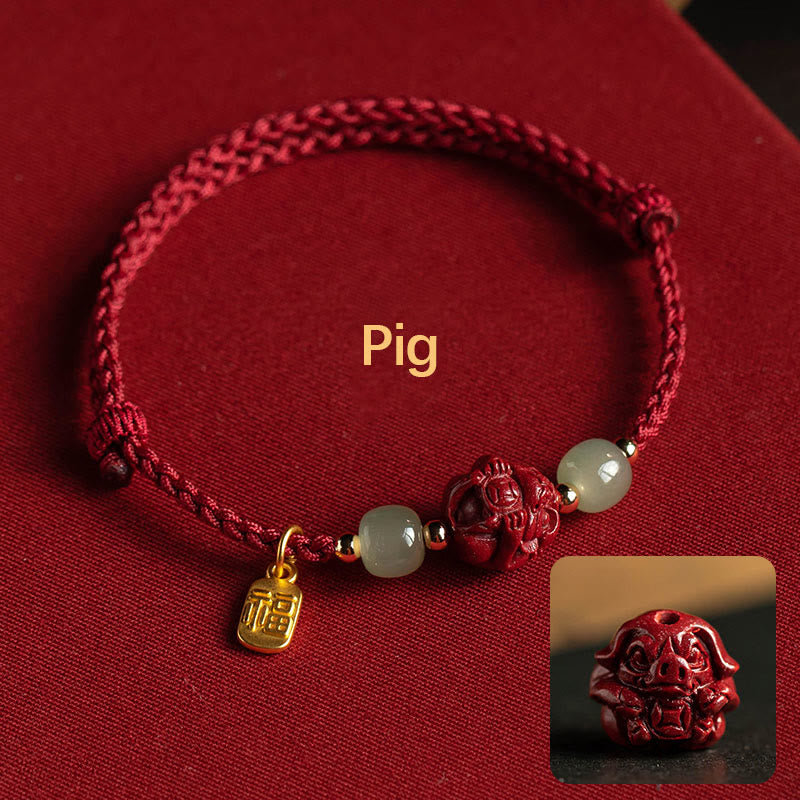 Chinese Zodiac Jade Fu Luck Rope Bracelet