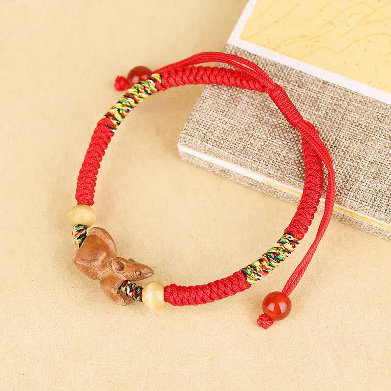 Chinese Zodiac Luck Bracelet with Red String and Peach Wood