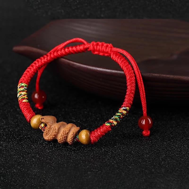Chinese Zodiac Luck Bracelet with Red String and Peach Wood