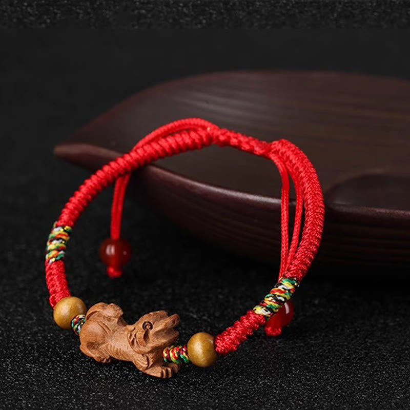Chinese Zodiac Luck Bracelet with Red String and Peach Wood
