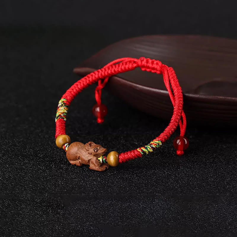 Chinese Zodiac Luck Bracelet with Red String and Peach Wood
