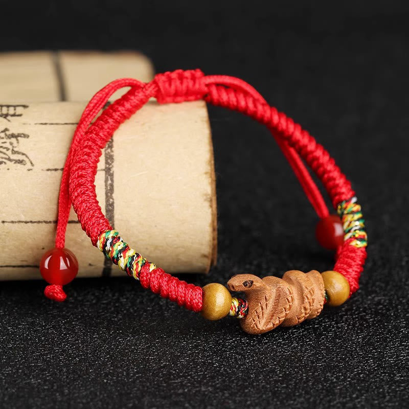 Chinese Zodiac Luck Bracelet with Red String and Peach Wood