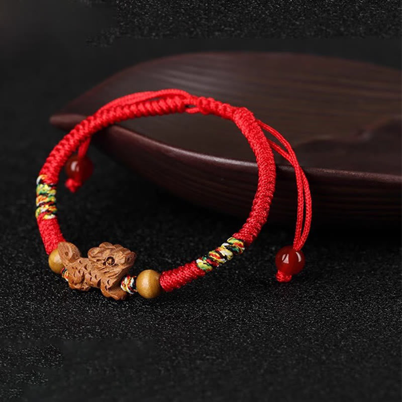 Chinese Zodiac Luck Bracelet with Red String and Peach Wood